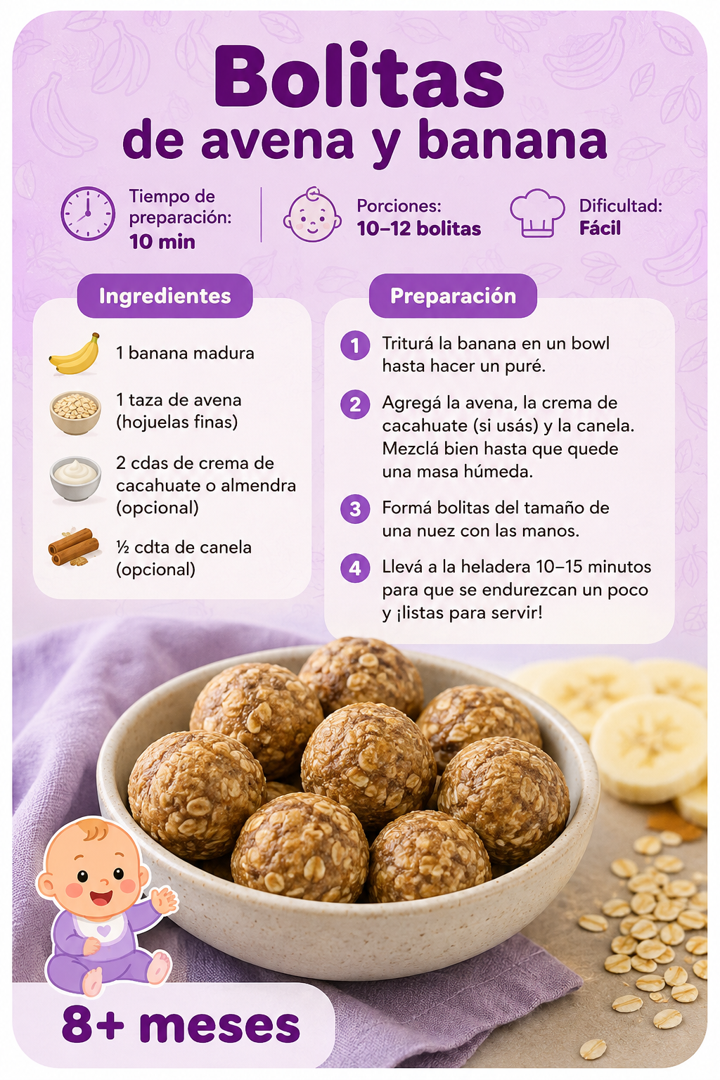 Ficha de receta: Bolitas de avena y banana, 10 minutos, desde 8 meses