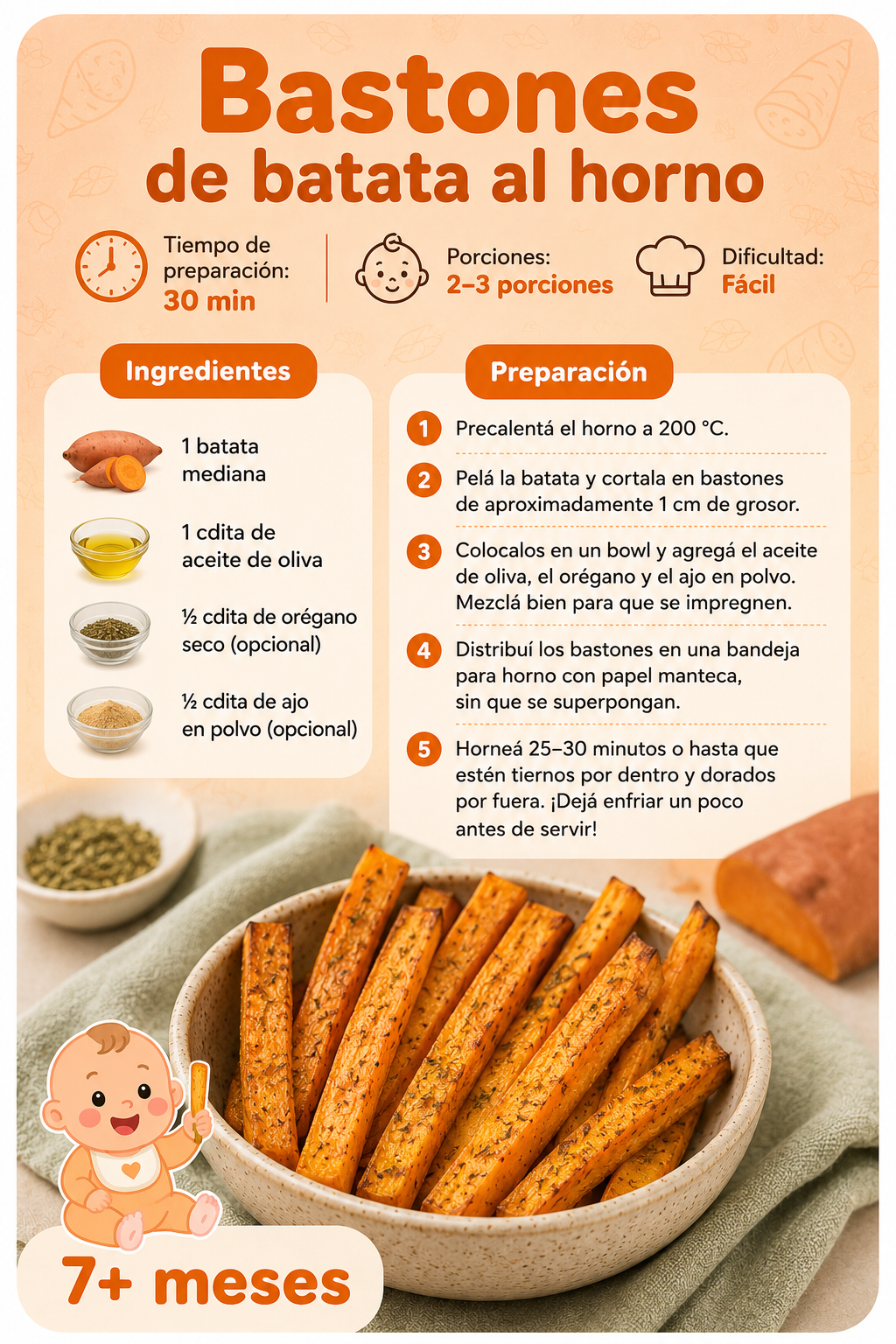 Ficha de receta: Bastones de batata al horno, 30 minutos, desde 7 meses