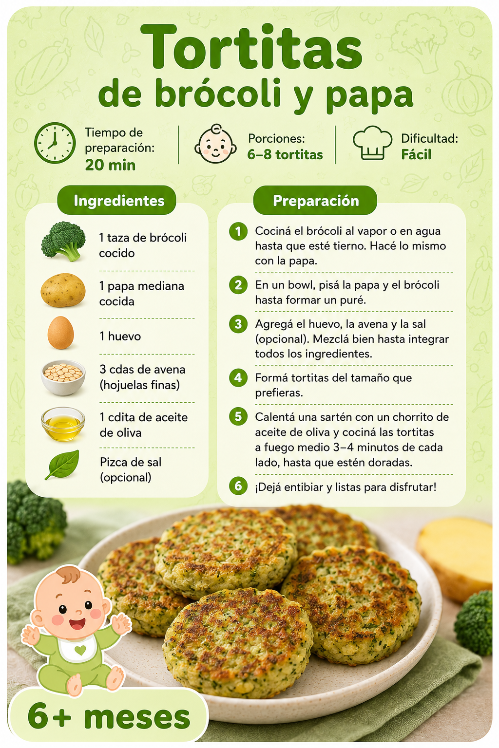 Ficha de receta: Tortitas de brócoli y papa, 20 minutos, desde 6 meses