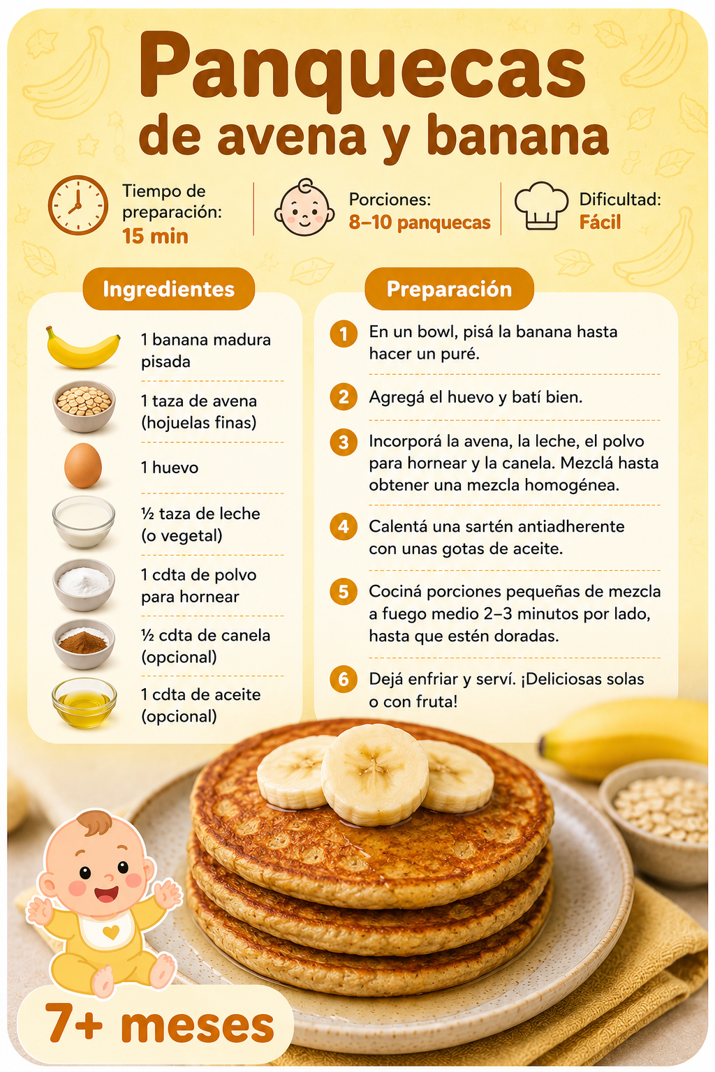 Ficha de receta: Panquecas de avena y banana, 15 minutos, desde 7 meses