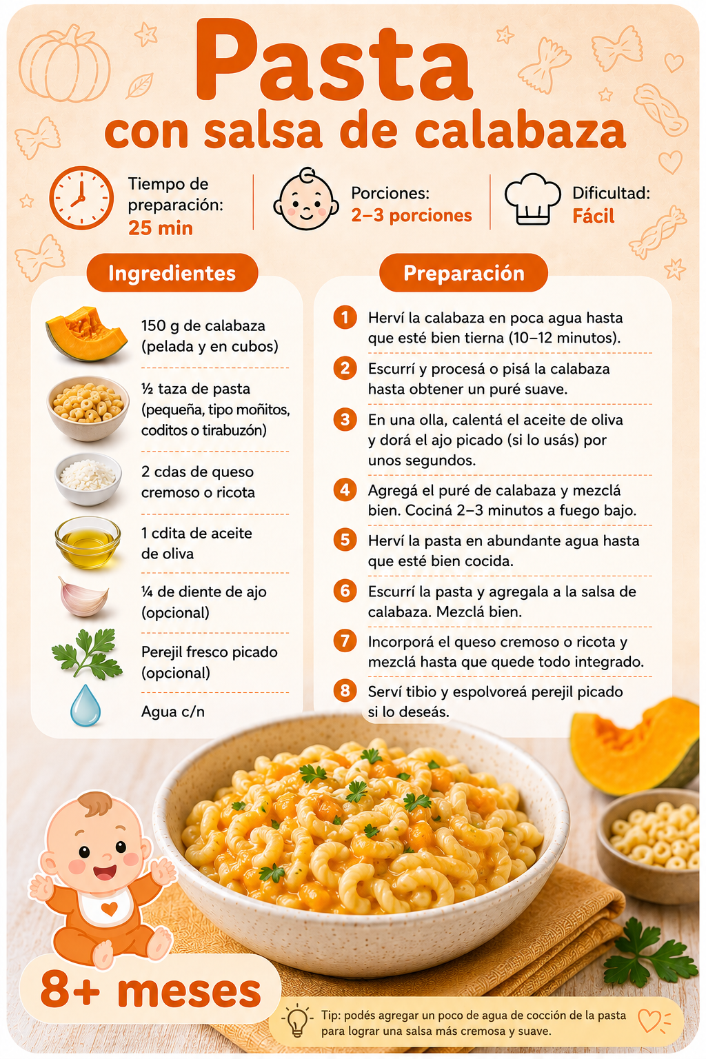 Ficha de receta: Pasta con salsa de calabaza, 25 minutos, desde 8 meses