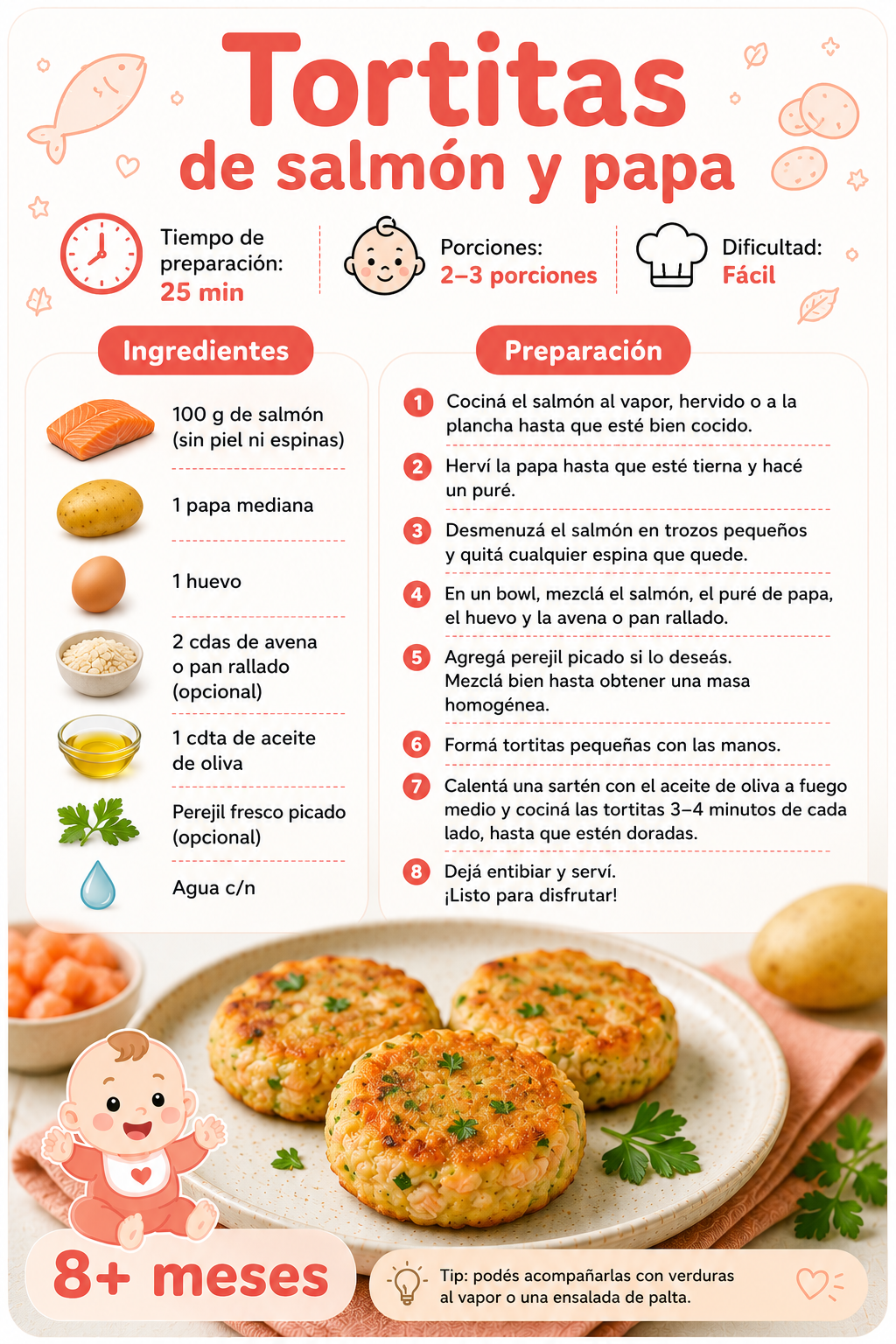 Ficha de receta: Tortitas de salmón y papa, 25 minutos, desde 8 meses