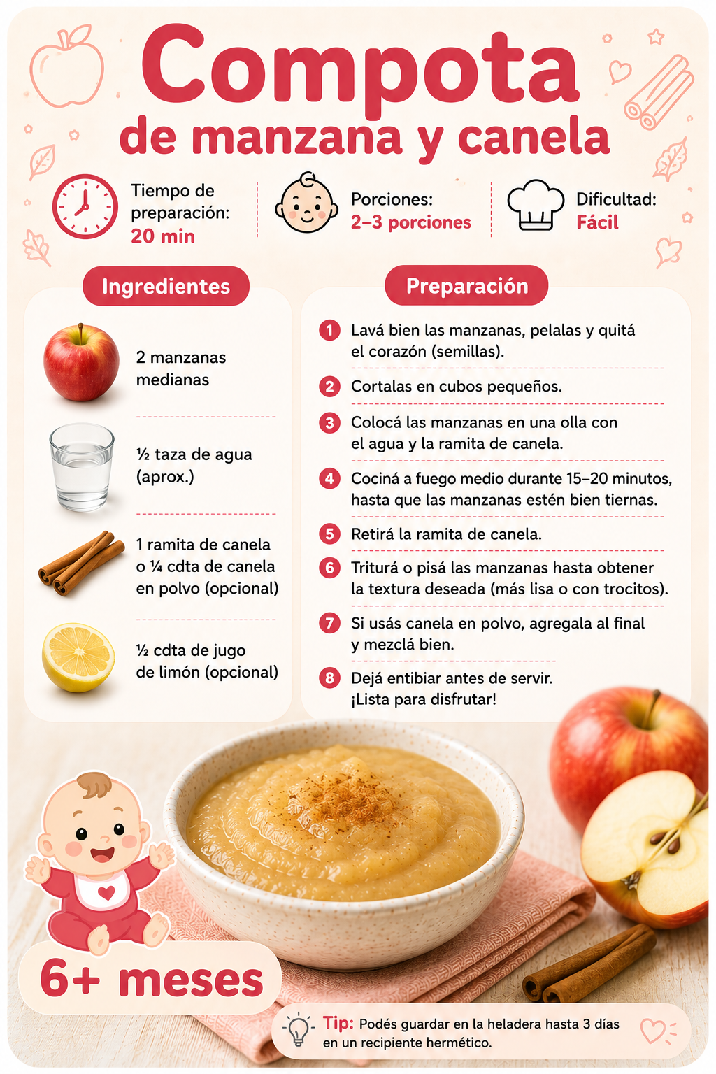 Ficha de receta: Compota de manzana y canela, 20 minutos, desde 6 meses