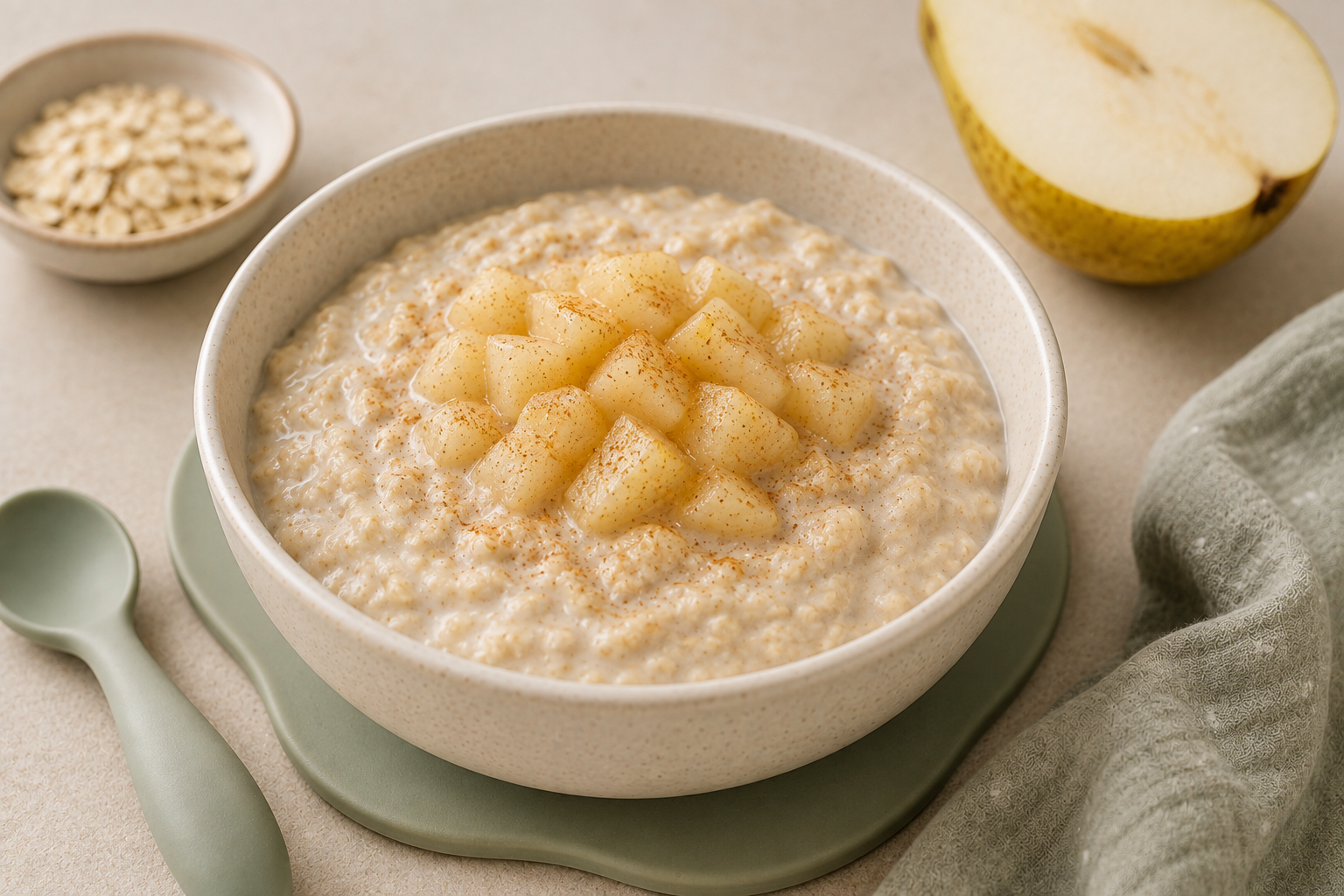 Avena cremosa con pera servida en bol con cuchara de bebé
