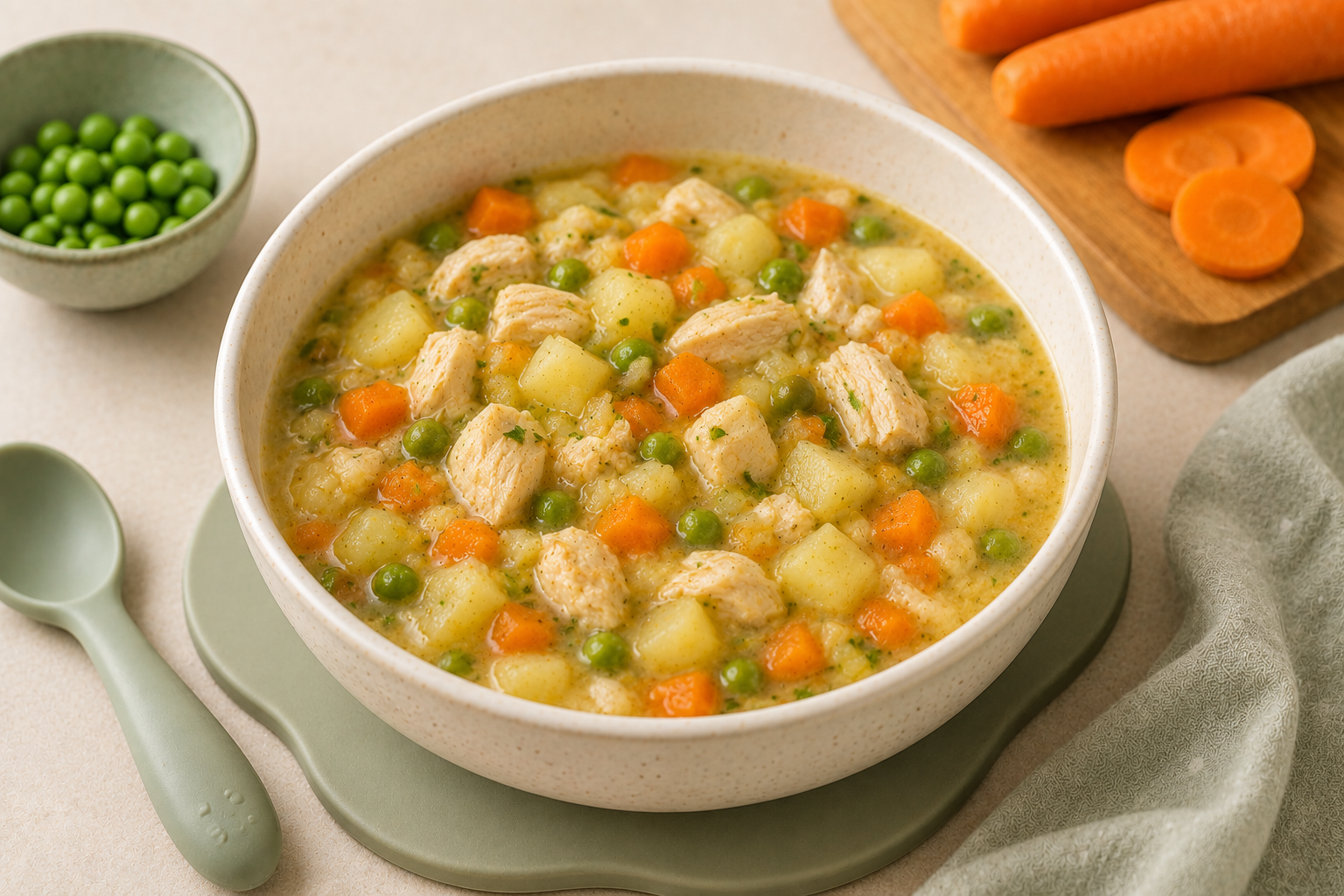 Guiso de pollo y verduras con arvejas y zanahoria
