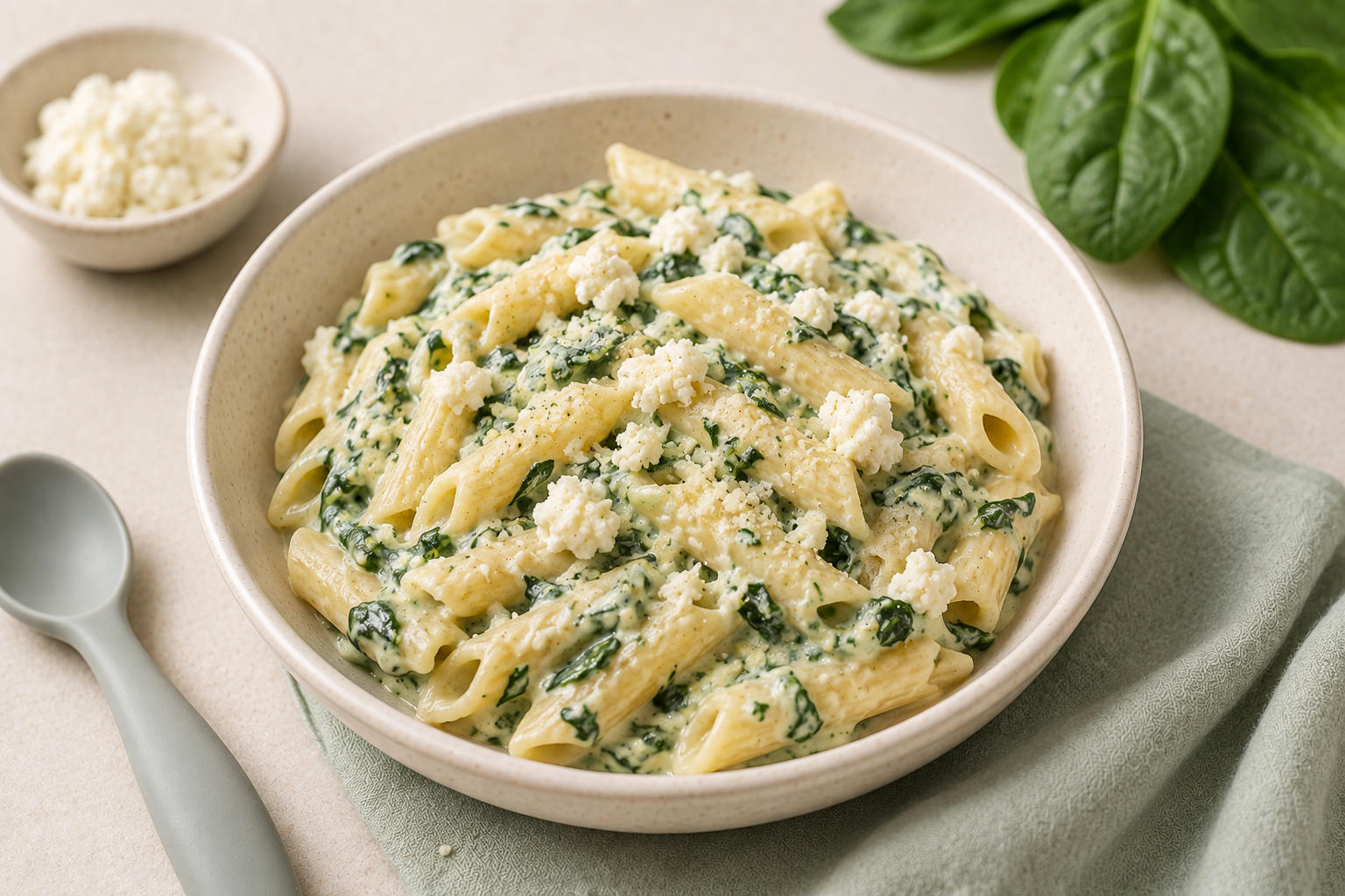 Pasta con ricota y espinaca en bol de cerámica