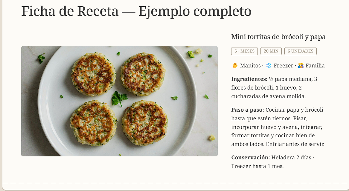 Página interior del ebook: ficha de receta de ejemplo, Mini tortitas de brócoli y papa