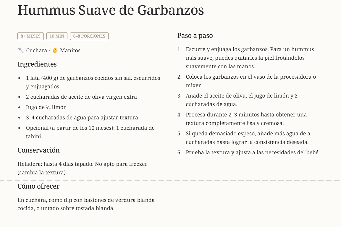 Página interior del ebook: receta Hummus suave de garbanzos, con ingredientes, paso a paso, conservación y cómo ofrecerlo