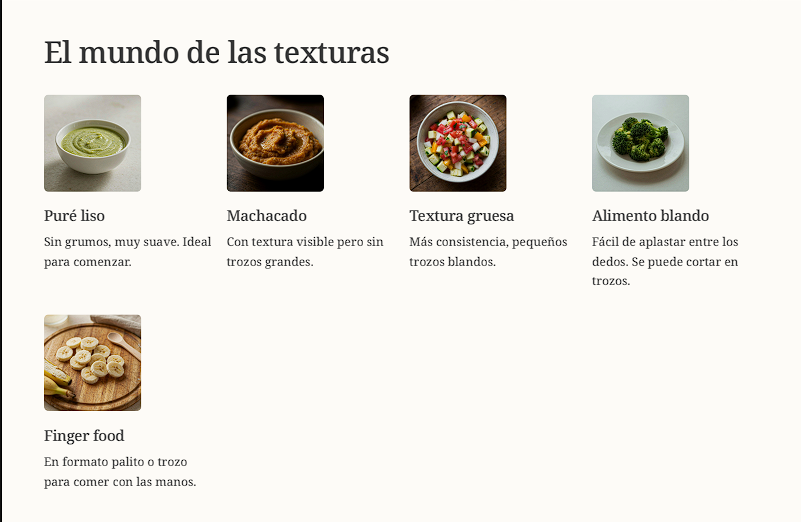 Página interior del ebook: El mundo de las texturas, con puré liso, machacado, textura gruesa, alimento blando y finger food